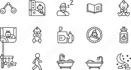 Linear baby care icon set: play, sleep, reading, walking, feeding, bath, night sky