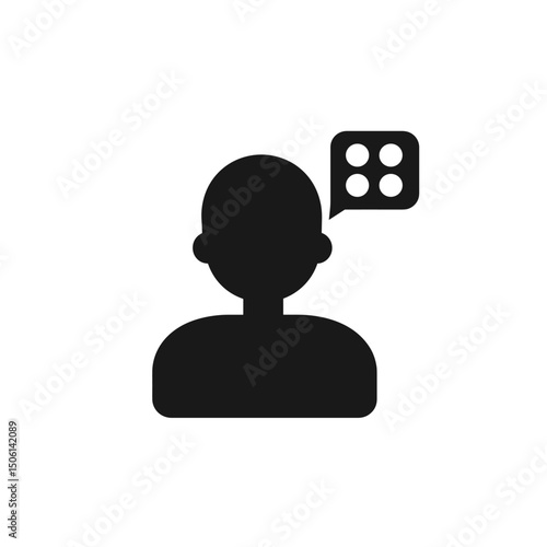 User silhouette with a speech bubble containing dots, symbolizing chat, message, communication, feedback, conversation, forum, or social interaction