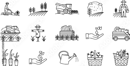 Agriculture and farming line icons set – outline, harvest, crops and cultivation symbols