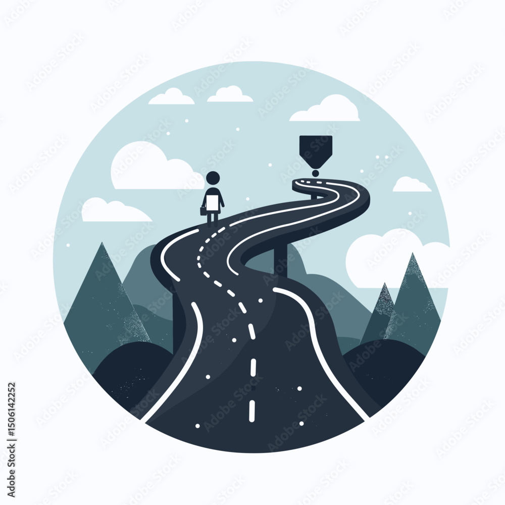 Naklejka premium Person walking up a winding road toward a goal, representing journey, achievement, progress, challenge, success, goal setting, career path, and aspiration