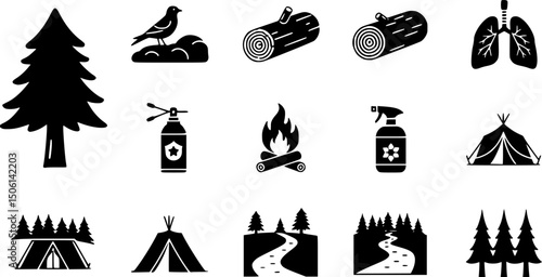 Outdoor adventure silhouette icon set - solid style wilderness, camping, and nature symbols for explorers: tree, log, bird, campfire, spray can, tent, path, lungs