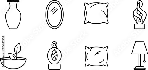 Home decor solid icon set – silhouette interior design and decoration symbols for stylish spaces: vase, mirror, wall art, pillow, sculpture, bowl, lamp, cushion.