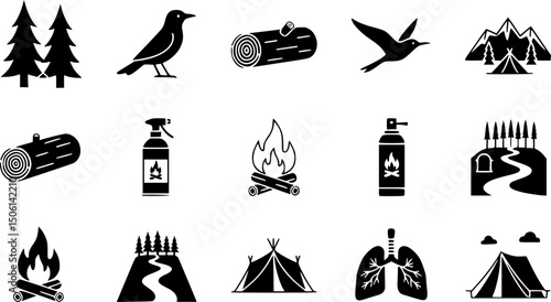 Outdoor adventure silhouette icon set - solid style wilderness, camping, and nature symbols for explorers: tree, log, bird, campfire, spray can, tent, path, lungs