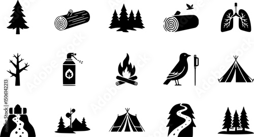 Outdoor adventure silhouette icon set - solid style wilderness, camping, and nature symbols for explorers: tree, log, bird, campfire, spray can, tent, path, lungs