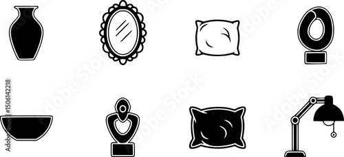 Home decor solid icon set – silhouette interior design and decoration symbols for stylish spaces: vase, mirror, wall art, pillow, sculpture, bowl, lamp, cushion.