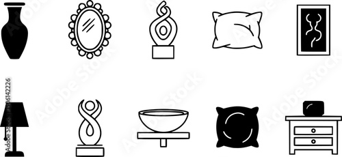 Home decor solid icon set – silhouette interior design and decoration symbols for stylish spaces: vase, mirror, wall art, pillow, sculpture, bowl, lamp, cushion.