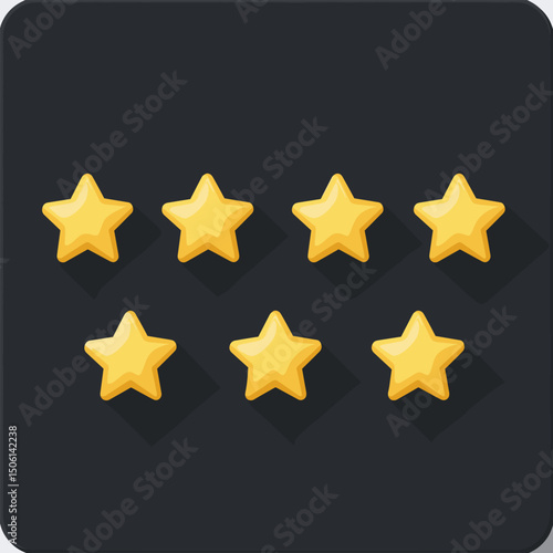 Six golden stars in a grid on a dark background, representing rating, review, quality, feedback, achievement, excellence, and customer satisfaction