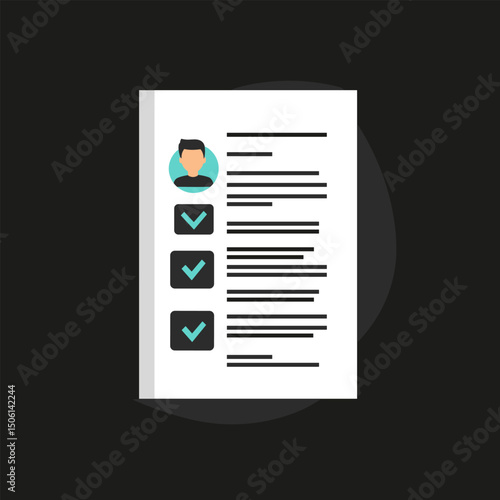 Checklist with avatar on a dark background, representing CV, resume, job application, task list, recruitment, candidate approval, or project management
