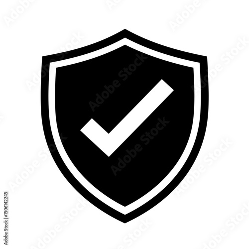 Shield with a bold checkmark outline, representing security, verification, protection, approval, trust, safety, privacy, certified access, and reliability