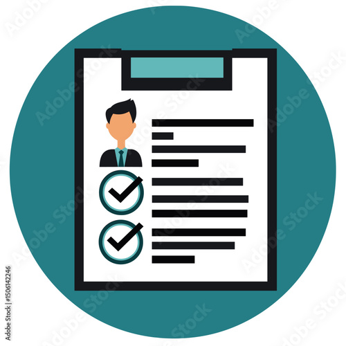 Clipboard with candidate profile and checkmarks, representing resume, recruitment, hiring, CV, job application, candidate selection, or HR process