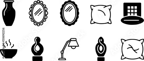 Home decor solid icon set – silhouette interior design and decoration symbols for stylish spaces: vase, mirror, wall art, pillow, sculpture, bowl, lamp, cushion.