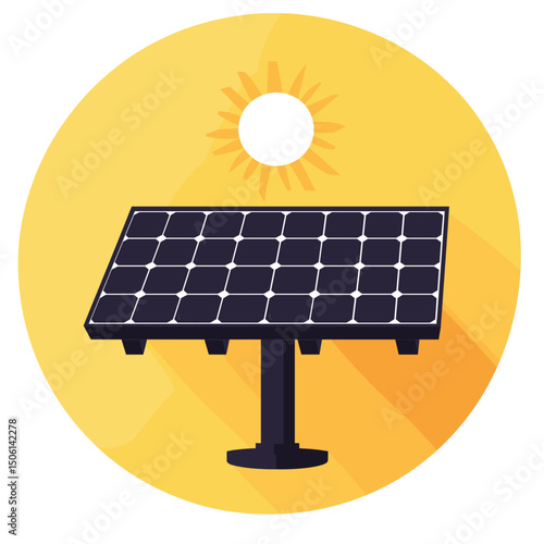 Modern solar panel with sun in a yellow circle, symbolizing renewable energy, solar technology, sustainability, green power, and environmental innovation