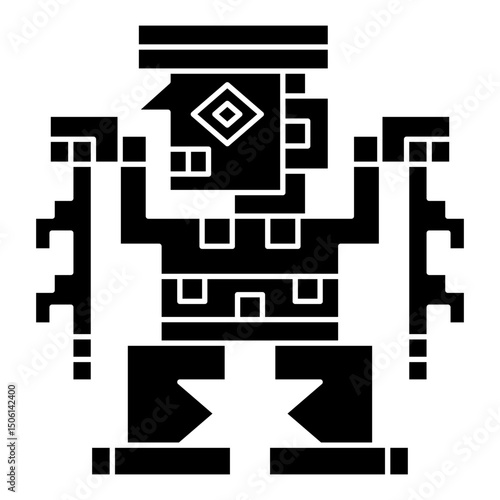 Stylized human figurine. Indigenous Native American art of ancient Peru from Wari or Uari textile. Black and white silhouette.