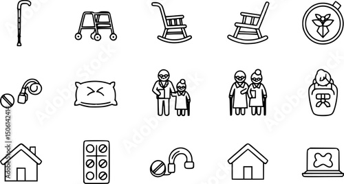 Senior care solid icon set – silhouette style icons for elderly assistance and healthcare: cane, walker, rocking chair, elder couple, pills, hearing aid, cushion, house