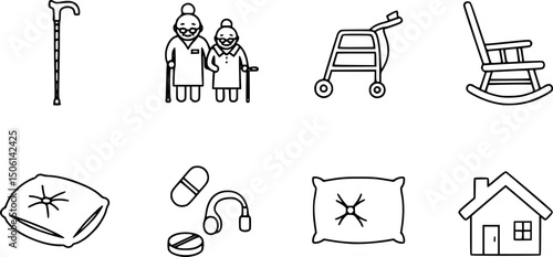 Senior care solid icon set – silhouette style icons for elderly assistance and healthcare: cane, walker, rocking chair, elder couple, pills, hearing aid, cushion, house