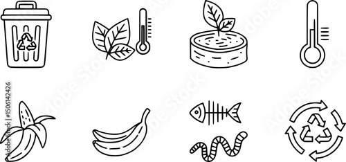 Eco composting solid icons set – filled style recycling, sustainability, and zero waste symbols: bin, compost, thermometer, leaves, banana peel, fishbone, worms, cycle.