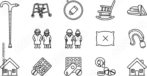 Senior care solid icon set – silhouette style icons for elderly assistance and healthcare: cane, walker, rocking chair, elder couple, pills, hearing aid, cushion, house