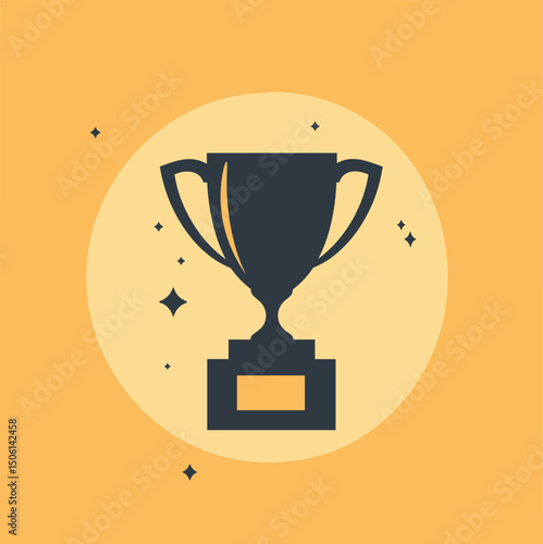 Trophy with sparkles on a yellow circle, symbolizing outstanding achievement, award, excellence, victory, celebration, recognition, and championship