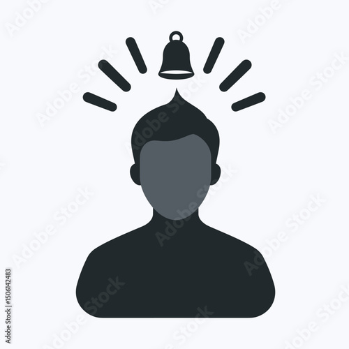 Stylized person with a bell and alert rays above the head, representing notification, attention, idea, reminder, awareness, inspiration, or mental alertness