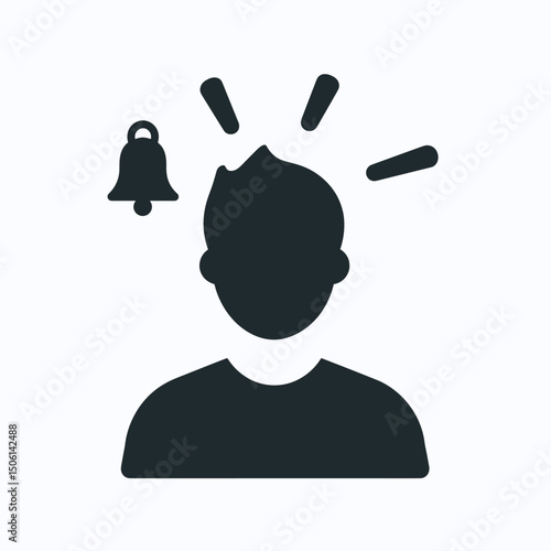 Person with alert lines and a bell, representing attention, notification, awareness, reminder, idea, mental alertness, message, or information signal