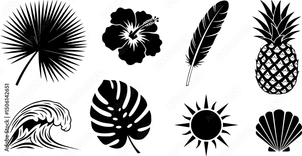 Tropical nature silhouette icon set – solid style exotic beach and summer symbols: palm leaf, hibiscus, pineapple, feather, sun, monstera leaf, wave, seashell Tropical nature silhouette icon set – solid style exotic beach and summer symbols: palm leaf, hibiscus, pineapple, feather, sun, monstera leaf, wave, seashell