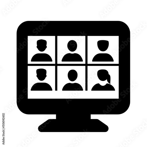 Black and white computer monitor displaying a grid of user avatars, symbolizing online meeting, video call, conference, remote teamwork, webinar, and communication