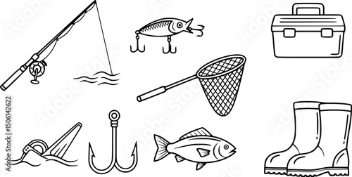 Fishing essentials icon set: linear style with rod, lure, and more