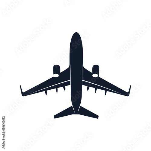 Top-down silhouette of an airplane in flight, representing aviation, airline, travel, transportation, journey, business trip, and international flight concepts