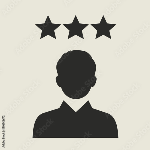 Silhouette of a person with three stars above their head, representing rating, review, feedback, ranking, quality, reputation, excellence, and performance