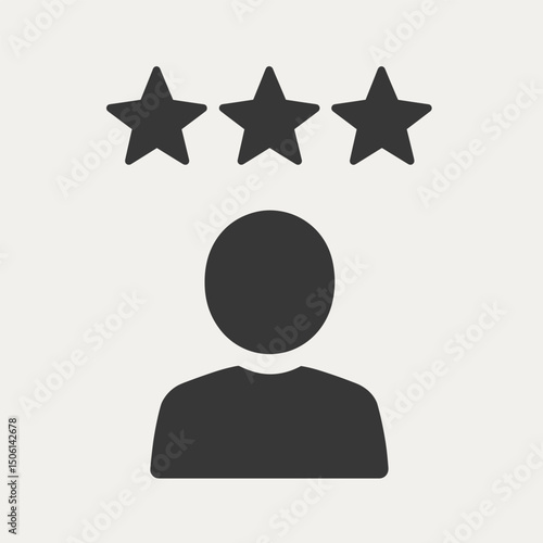 Person icon with three stars above, symbolizing rating, review, feedback, performance, quality, evaluation, excellence, score, user, and ranking