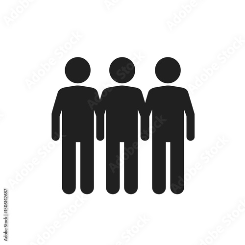 Simple black icon of three people standing together, symbolizing team, unity, group, users, community, organization, friends, and cooperation