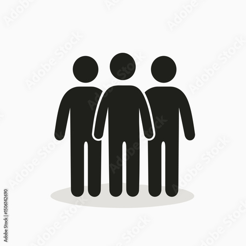 Minimalist black icon of three people with shadows, representing teamwork, unity, group, friends, community, users, partnership, and collaboration