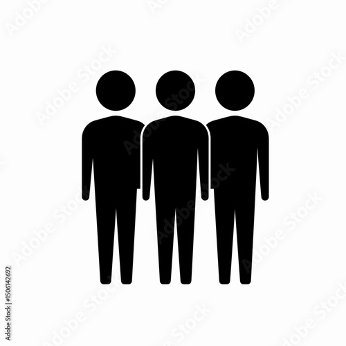 Simple black icon of three people standing, representing group, team, users, community, friends, unity, partnership, and social organization