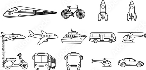 Transportation icons set: sleek outline style featuring train, bicycle, rocket, airplane, and more