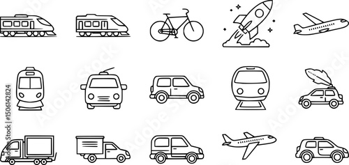 Transportation icons set: sleek outline style featuring train, bicycle, rocket, airplane, and more