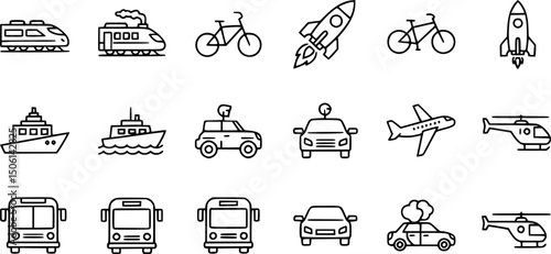 Transportation icons set: sleek outline style featuring train, bicycle, rocket, airplane, and more