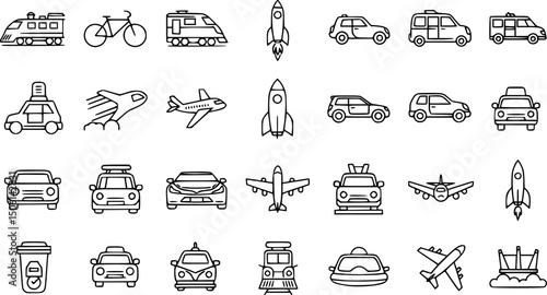 Transportation icons set: sleek outline style featuring train, bicycle, rocket, airplane, and more