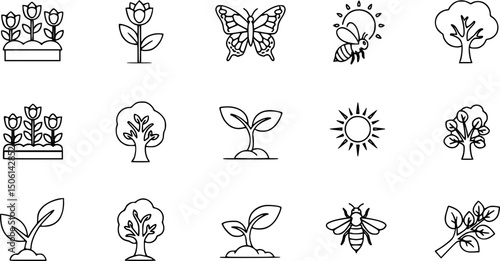 Garden and nature solid icons set – filled style flora, fauna, and outdoor elements for eco projects: flowerbed, tree, butterfly, bee, sprout, sun, branch.