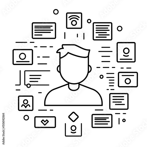 Profile with digital networking icons, illustrating online identity, account management, social media presence, professional profile, and digital communication