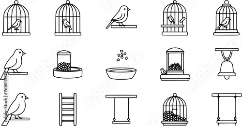 Bird care filled icons set – solid style avian habitat, nutrition, and accessories for pet enthusiasts: birdcage, perch, feeder, birdbath, seed, ladder, swing, bell. 