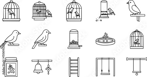 Bird care filled icons set – solid style avian habitat, nutrition, and accessories for pet enthusiasts: birdcage, perch, feeder, birdbath, seed, ladder, swing, bell. 
