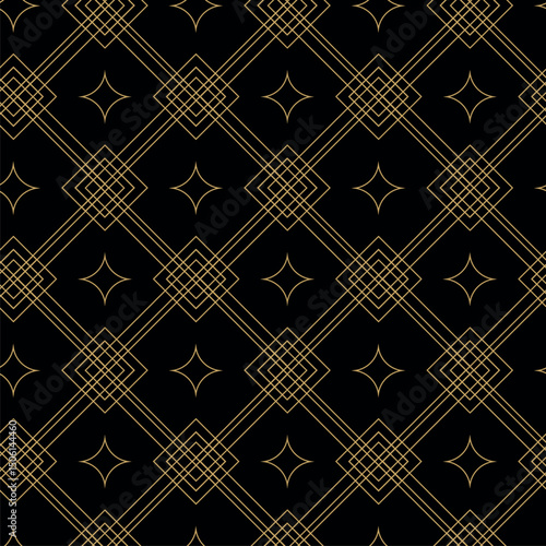 Seamless abstract geometric pattern with gold lines, squares, and shapes on black background. Ideal for fabric, wallpapers, notebooks, gift wrap, packaging, rugs, and branding.