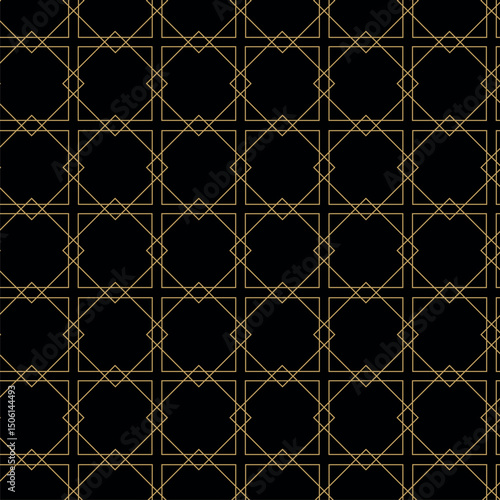 Seamless abstract geometric pattern with gold lines, squares, and shapes on black background. Ideal for fabric, wallpapers, notebooks, gift wrap, packaging, rugs, and branding.