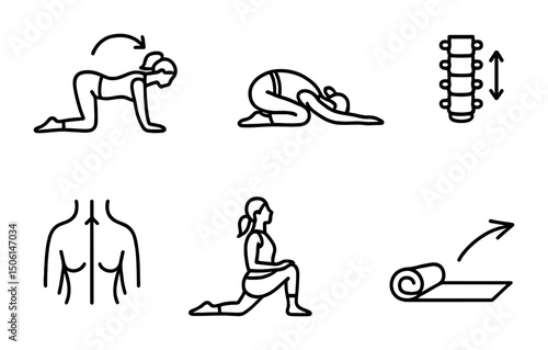 Yoga and exercise outline icons set – fitness, wellness, health symbols