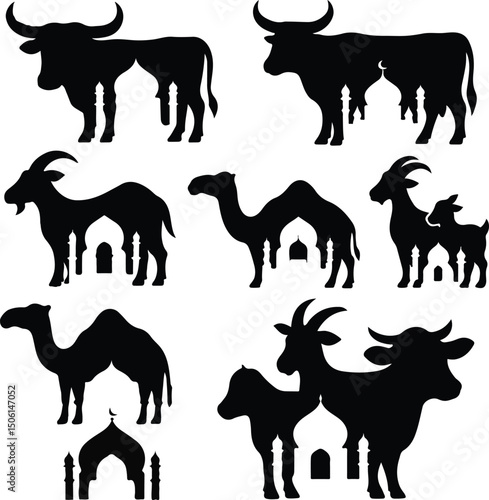 eid al-adha sacrifice animal mosque silhouette designs. vector black shape illustration