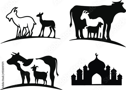 eid al-adha sacrifice animal mosque silhouette designs. vector black shape illustration