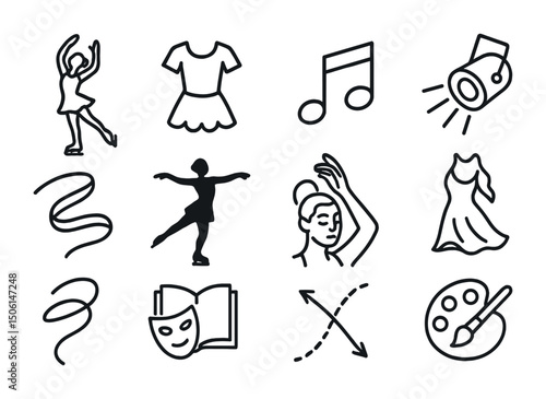 Ballet and dance outline icons set – linear, silhouette, performance symbols