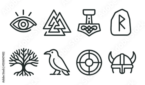 Viking symbols outline icons set – flat, linear, norse mythology graphics