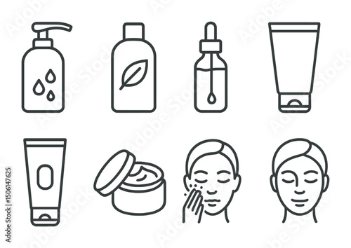 Skincare and beauty outline icons set – face, cosmetics, self-care symbols