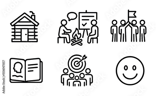 Education and camp outline icons set – learning, adventure, academic symbols